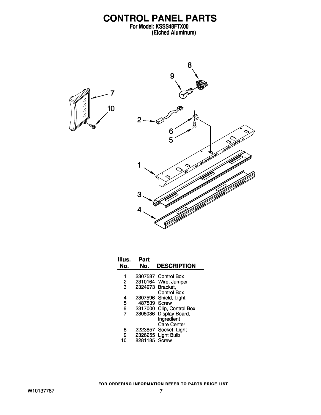 KitchenAid manual Control Panel Parts, For Model KSSS48FTX00 Etched Aluminum, Illus. Part No. No. DESCRIPTION 
