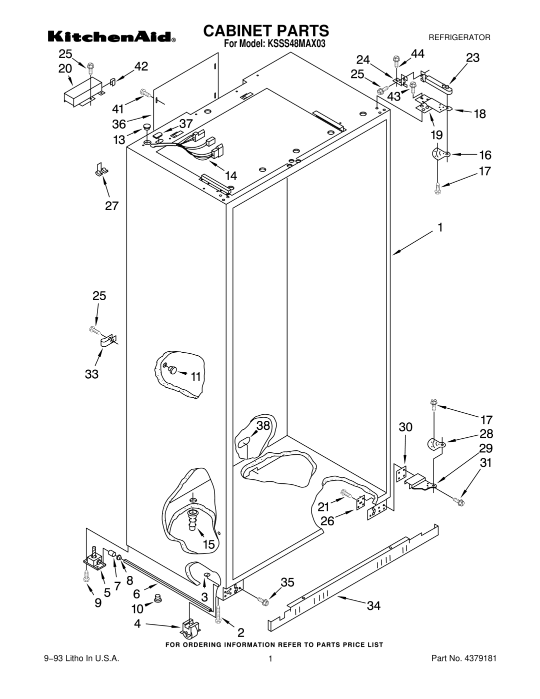 KitchenAid KSSS48MAX03 manual Cabinet Parts 