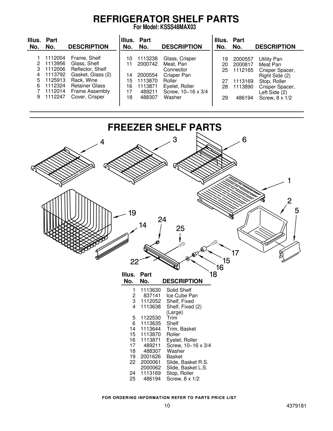 KitchenAid KSSS48MAX03 manual Freezer Shelf Parts 