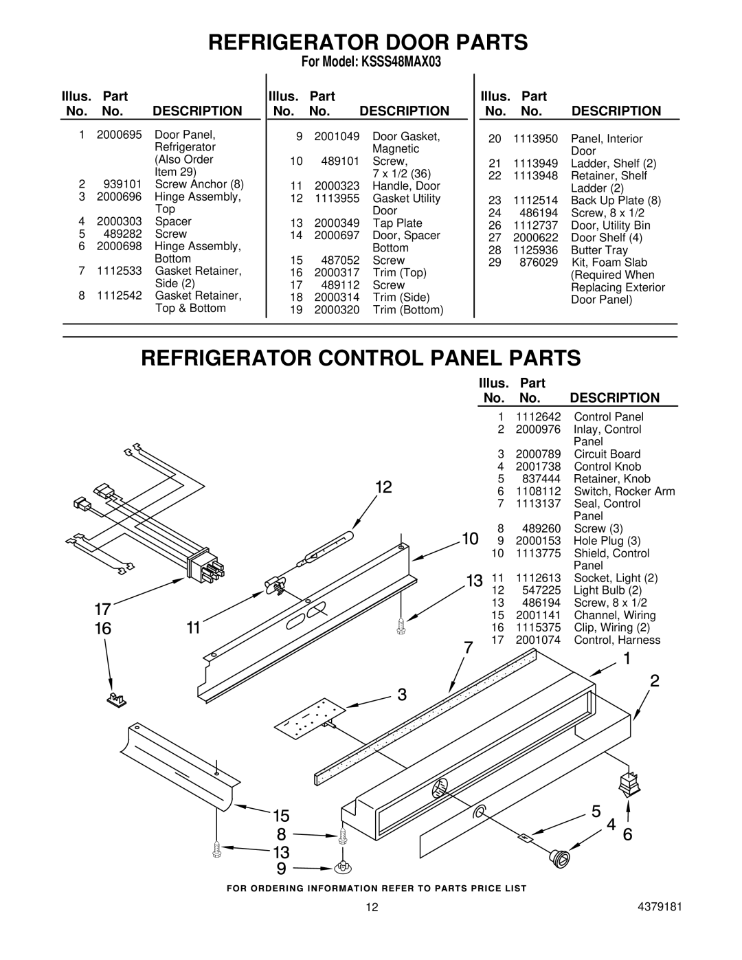 KitchenAid KSSS48MAX03 manual Refrigerator Control Panel Parts 