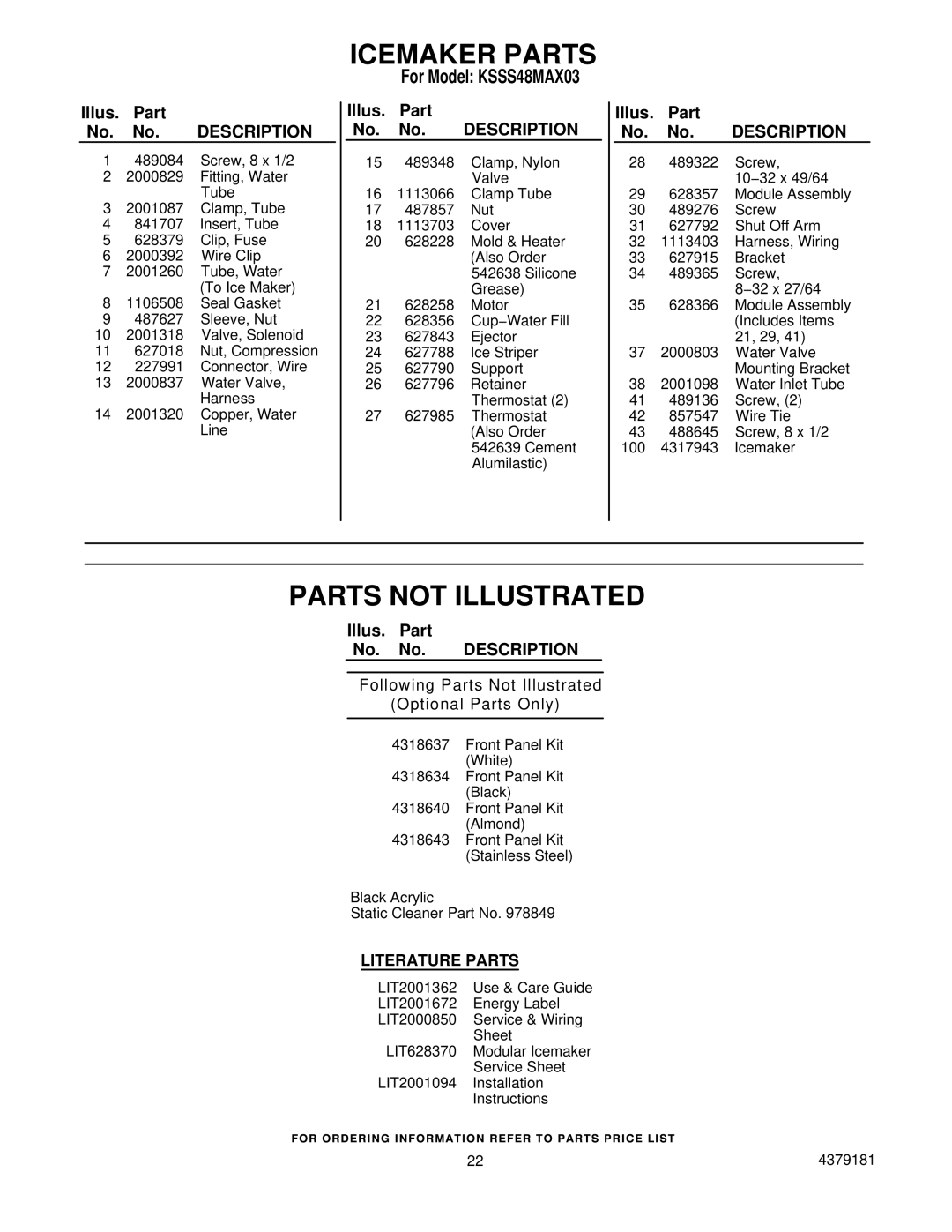 KitchenAid KSSS48MAX03 manual Parts not Illustrated, Literature Parts 