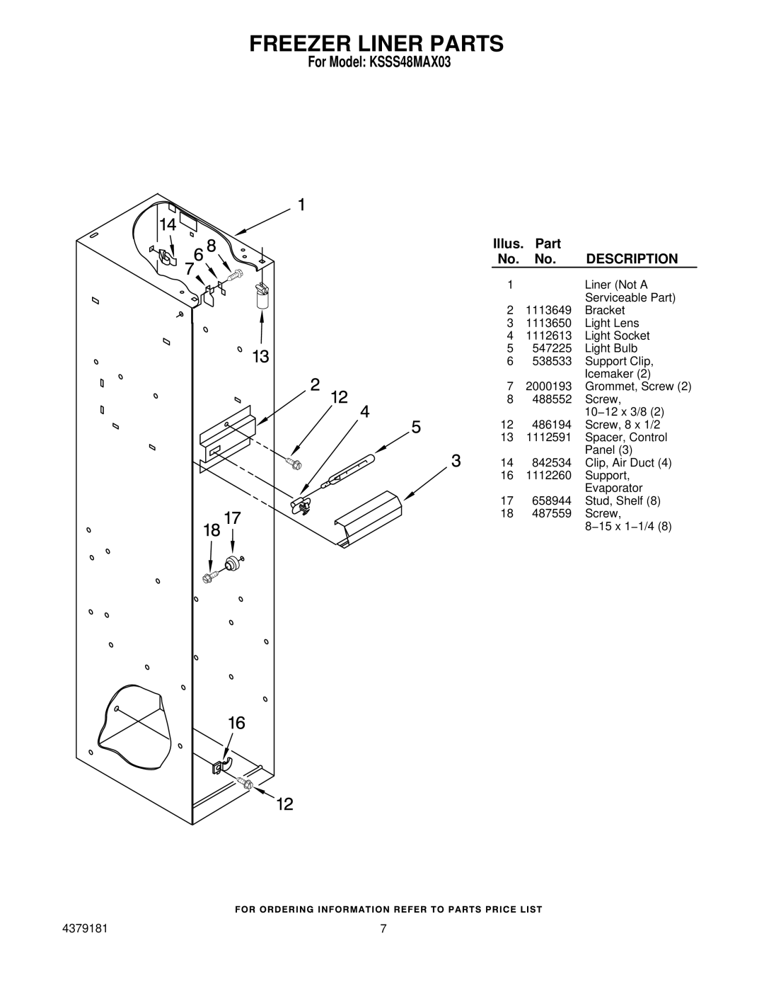 KitchenAid KSSS48MAX03 manual Freezer Liner Parts 