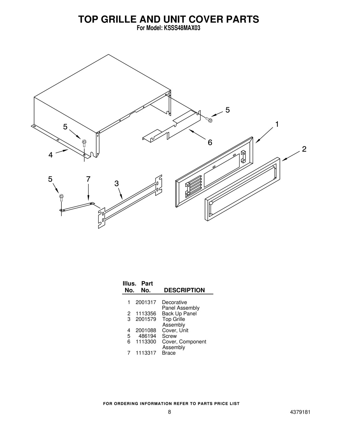 KitchenAid KSSS48MAX03 manual TOP Grille and Unit Cover Parts 