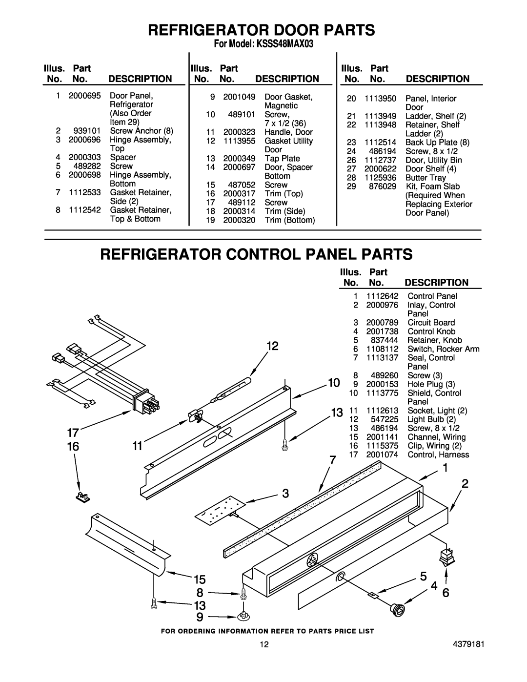 KitchenAid manual Refrigerator Control Panel Parts, Refrigerator Door Parts, For Model KSSS48MAX03, Illus, Description 