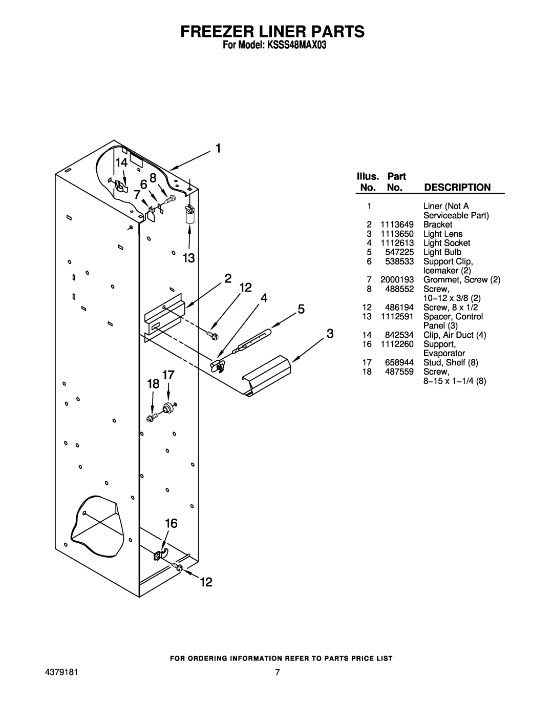KitchenAid manual Freezer Liner Parts, For Model KSSS48MAX03, Illus, Description 