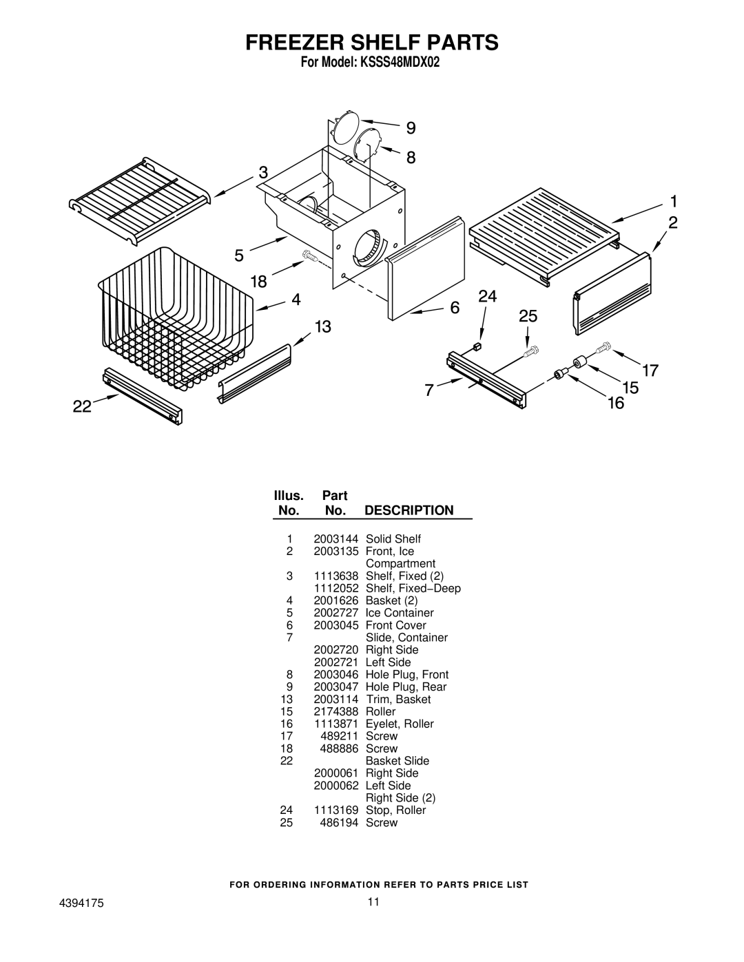 KitchenAid KSSS48MDX02 manual Freezer Shelf Parts 