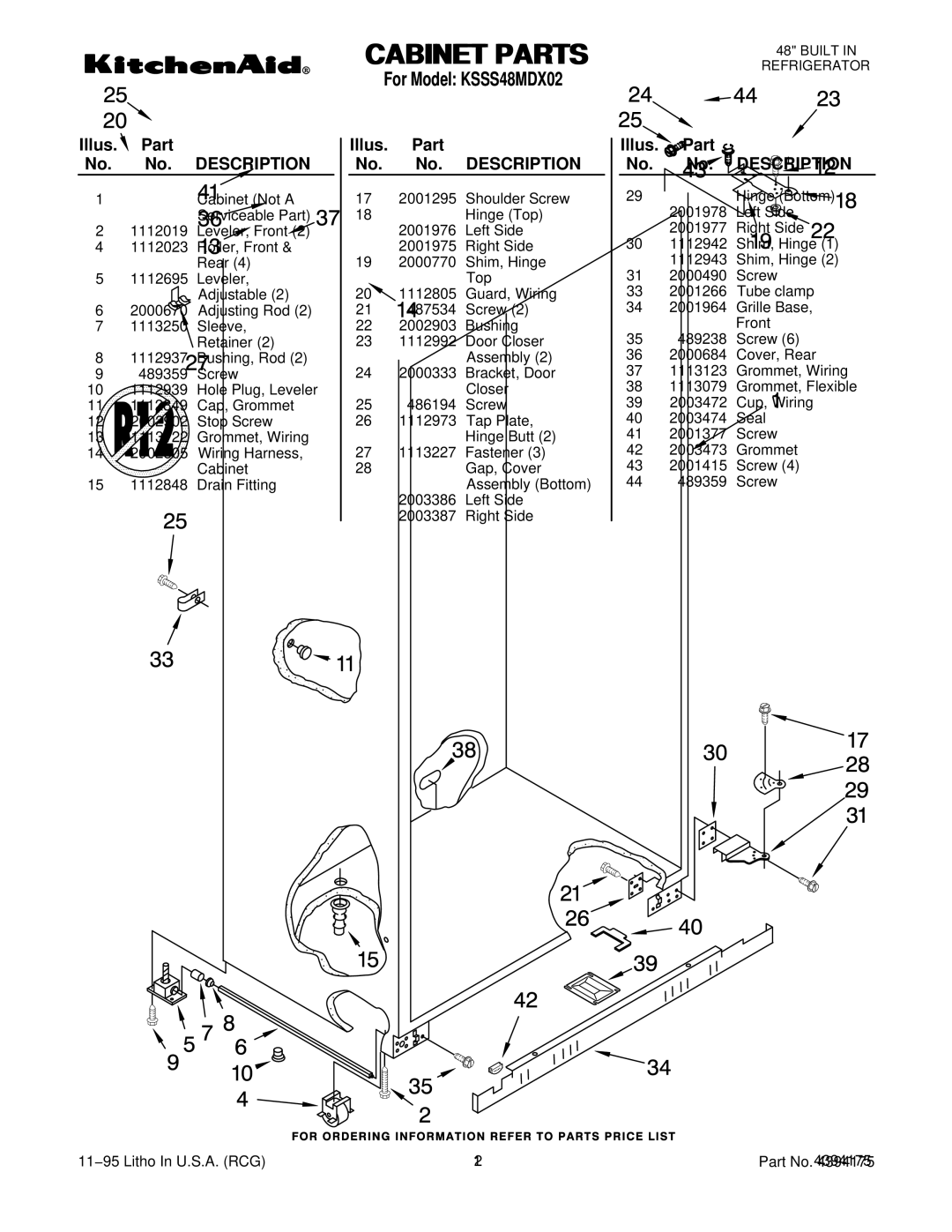 KitchenAid KSSS48MDX02 manual Illus. Part No. No. Description 