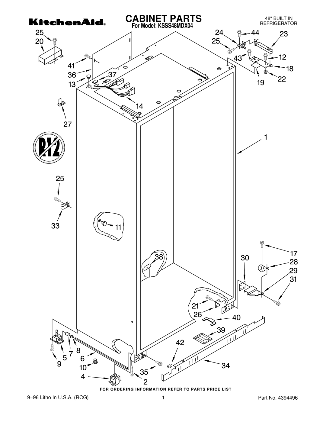 KitchenAid manual Cabinet Parts, For Model KSSS48MDX04 