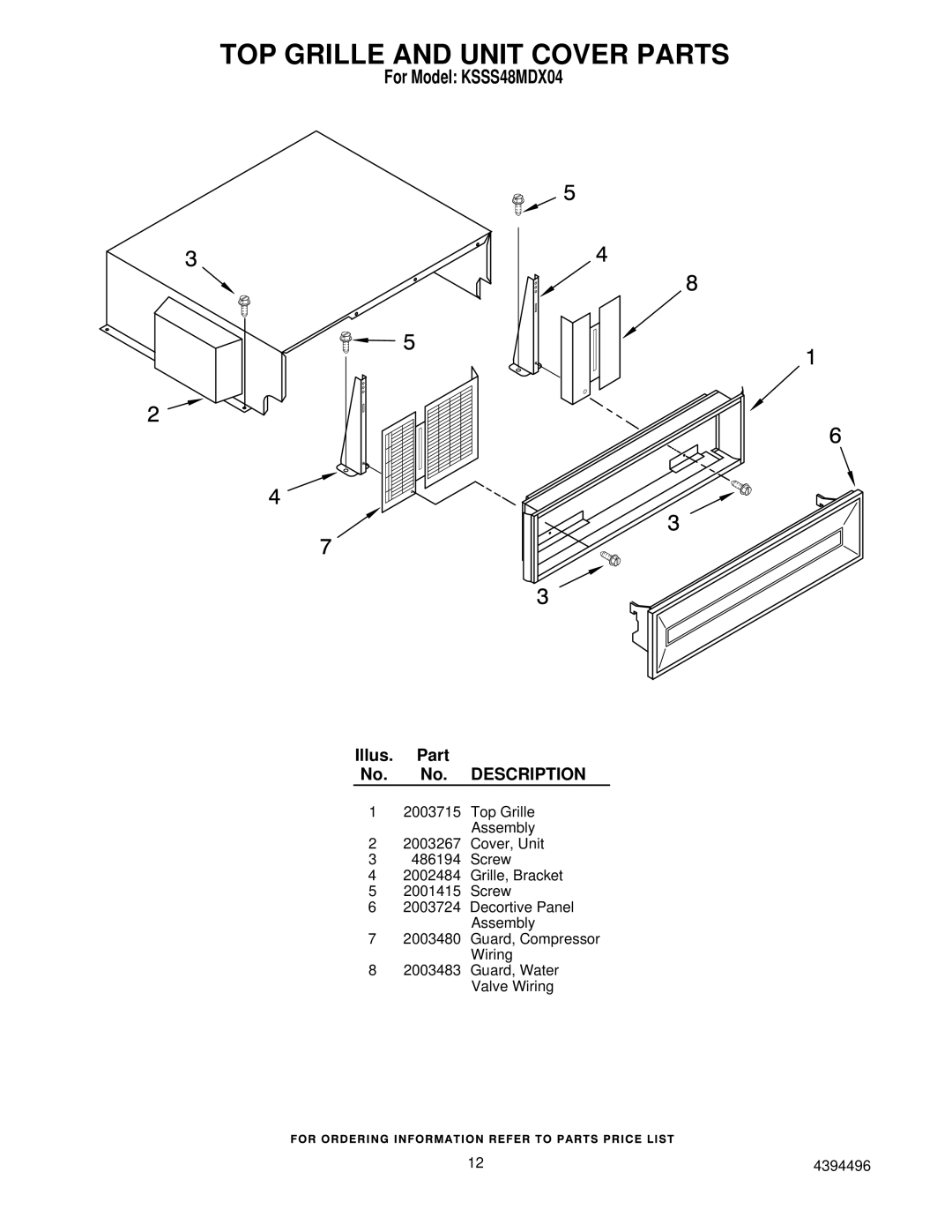 KitchenAid KSSS48MDX04 manual TOP Grille and Unit Cover Parts 