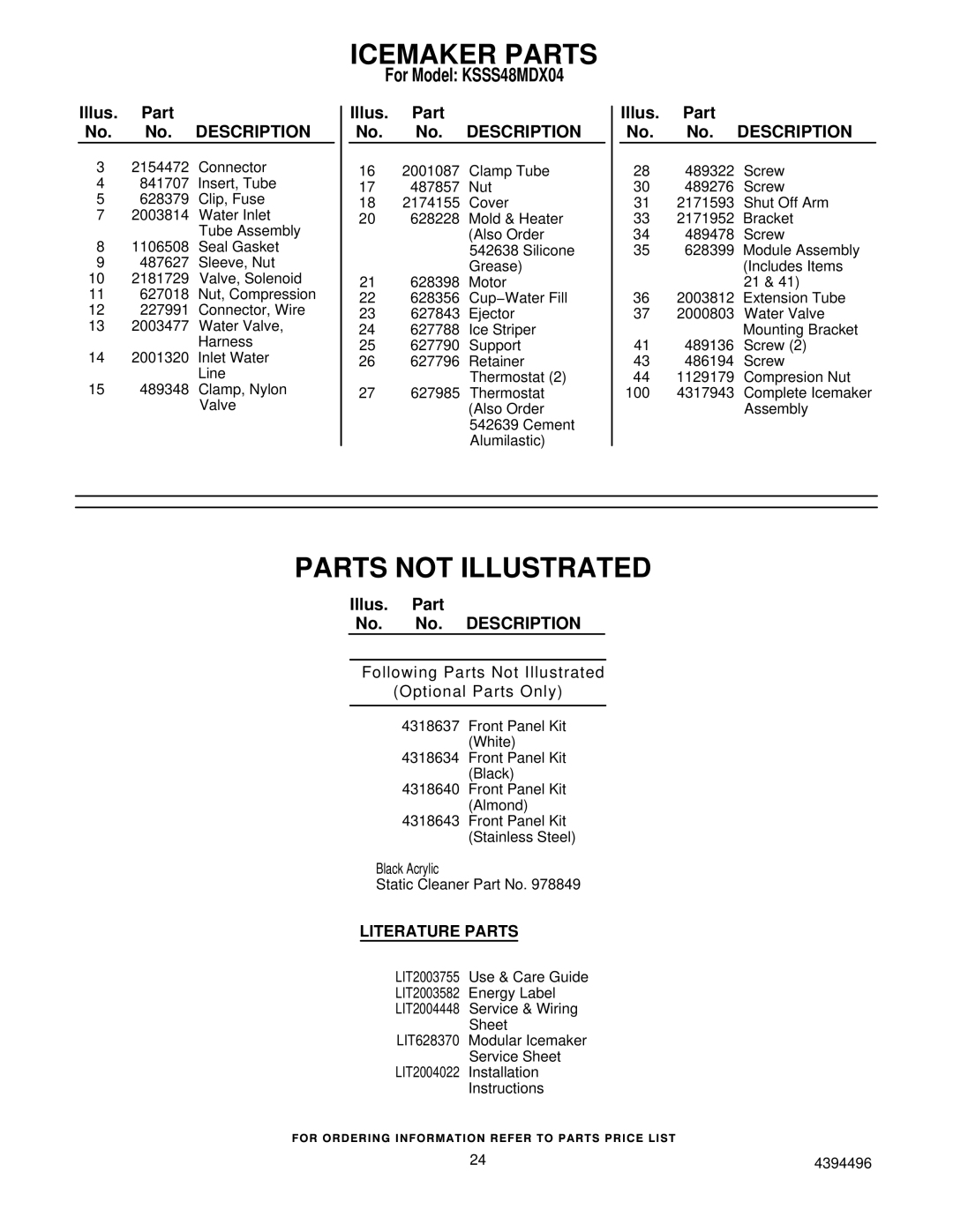 KitchenAid KSSS48MDX04 manual Icemaker Parts, Parts not Illustrated 