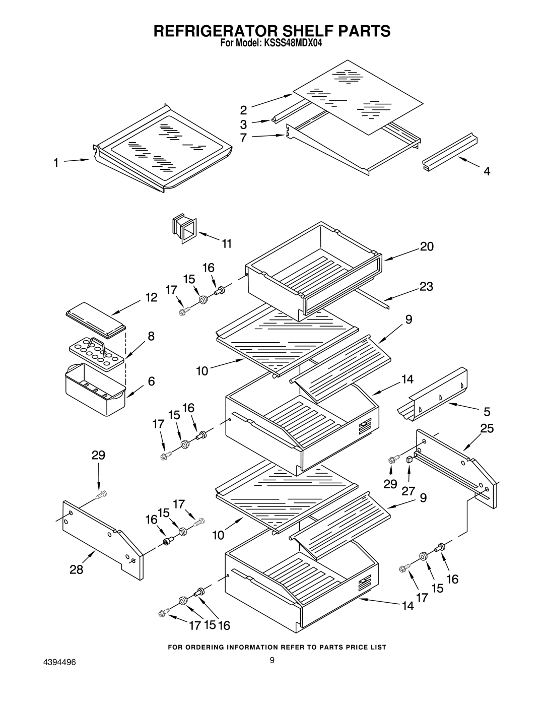 KitchenAid KSSS48MDX04 manual Refrigerator Shelf Parts 