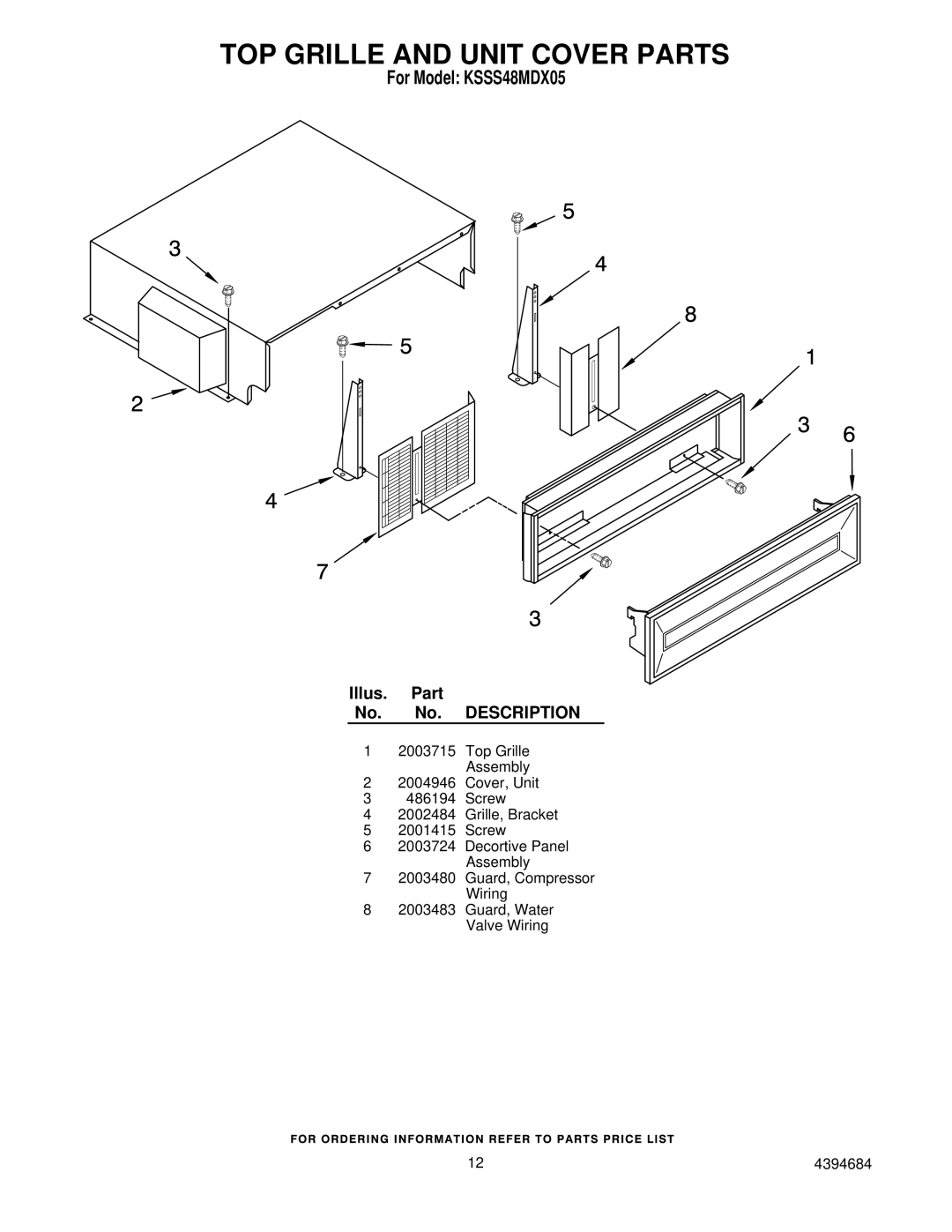 KitchenAid KSSS48MDX05 manual TOP Grille and Unit Cover Parts 