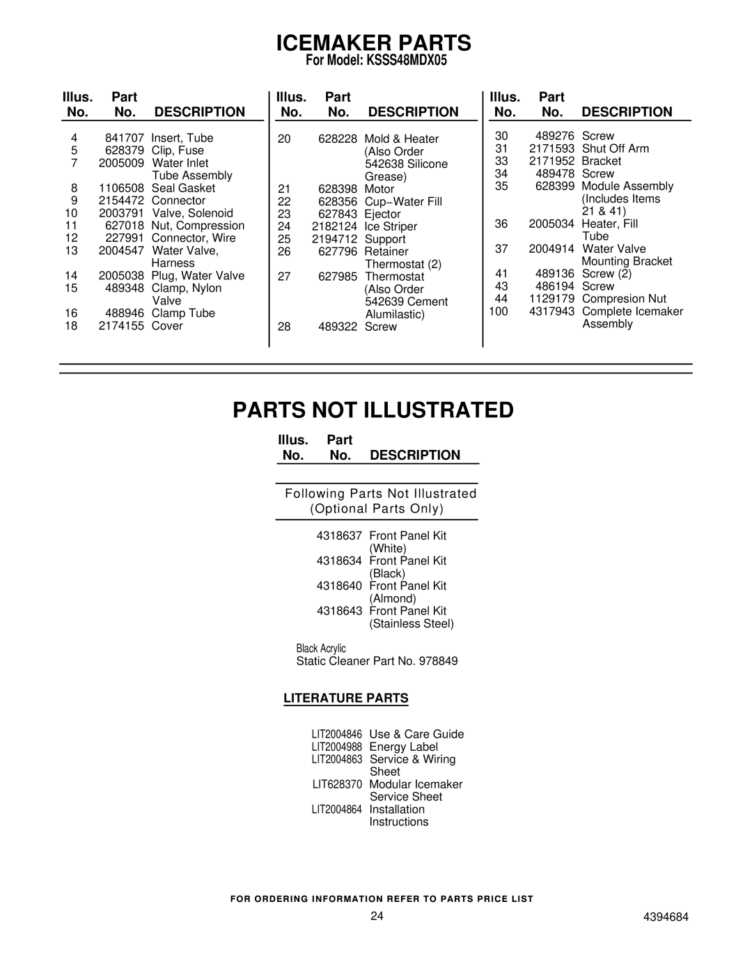 KitchenAid KSSS48MDX05 manual Icemaker Parts, Parts not Illustrated 