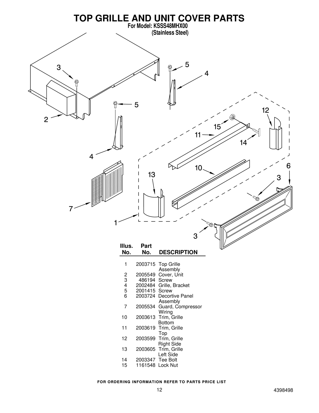 KitchenAid KSSS48MHX00 manual TOP Grille and Unit Cover Parts 