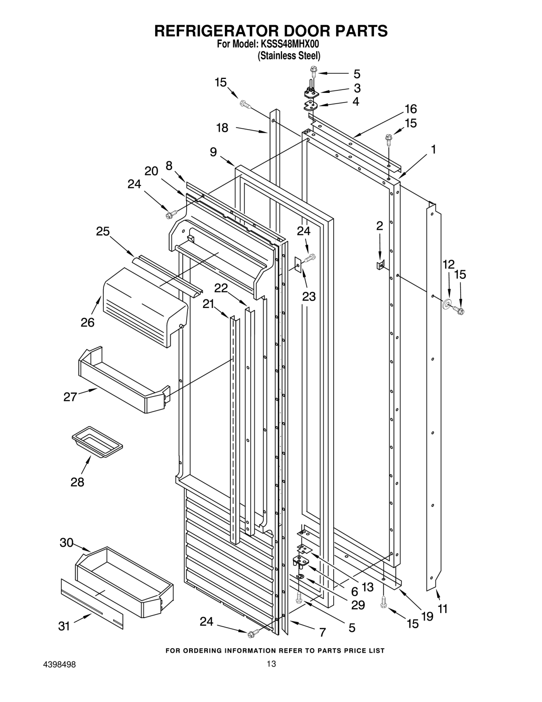 KitchenAid KSSS48MHX00 manual Refrigerator Door Parts 