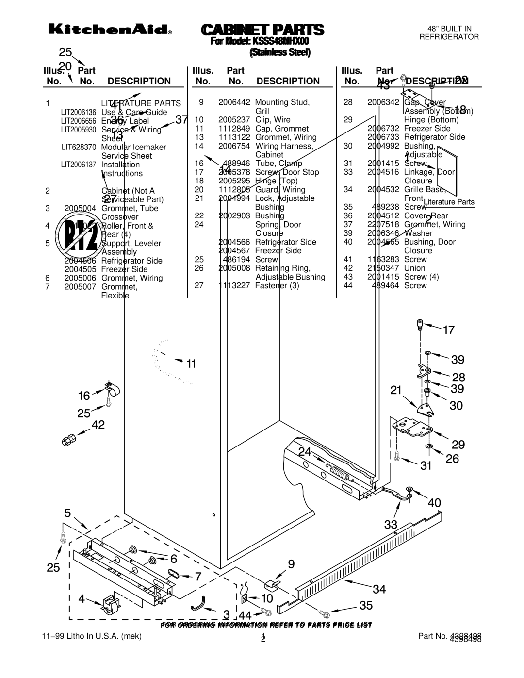 KitchenAid KSSS48MHX00 manual Cabinet Parts, Illus. Part No. No. Description 