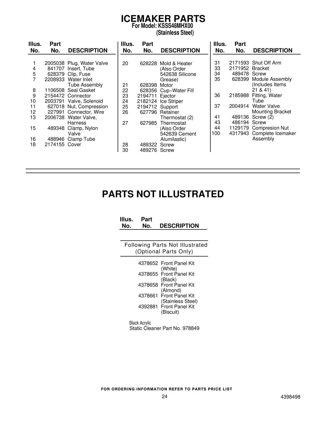 KitchenAid KSSS48MHX00 manual Icemaker Parts, Parts not Illustrated 