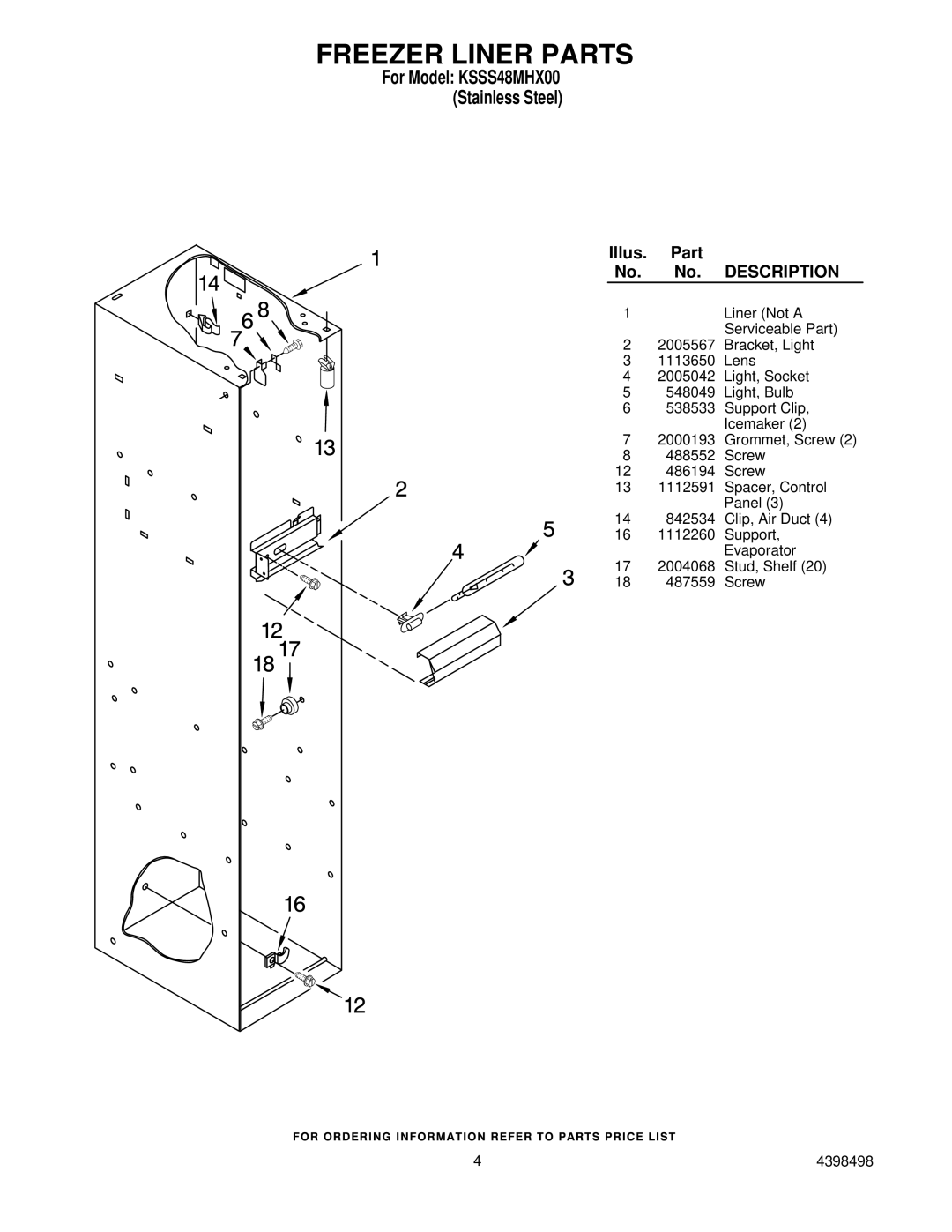 KitchenAid KSSS48MHX00 manual Freezer Liner Parts 