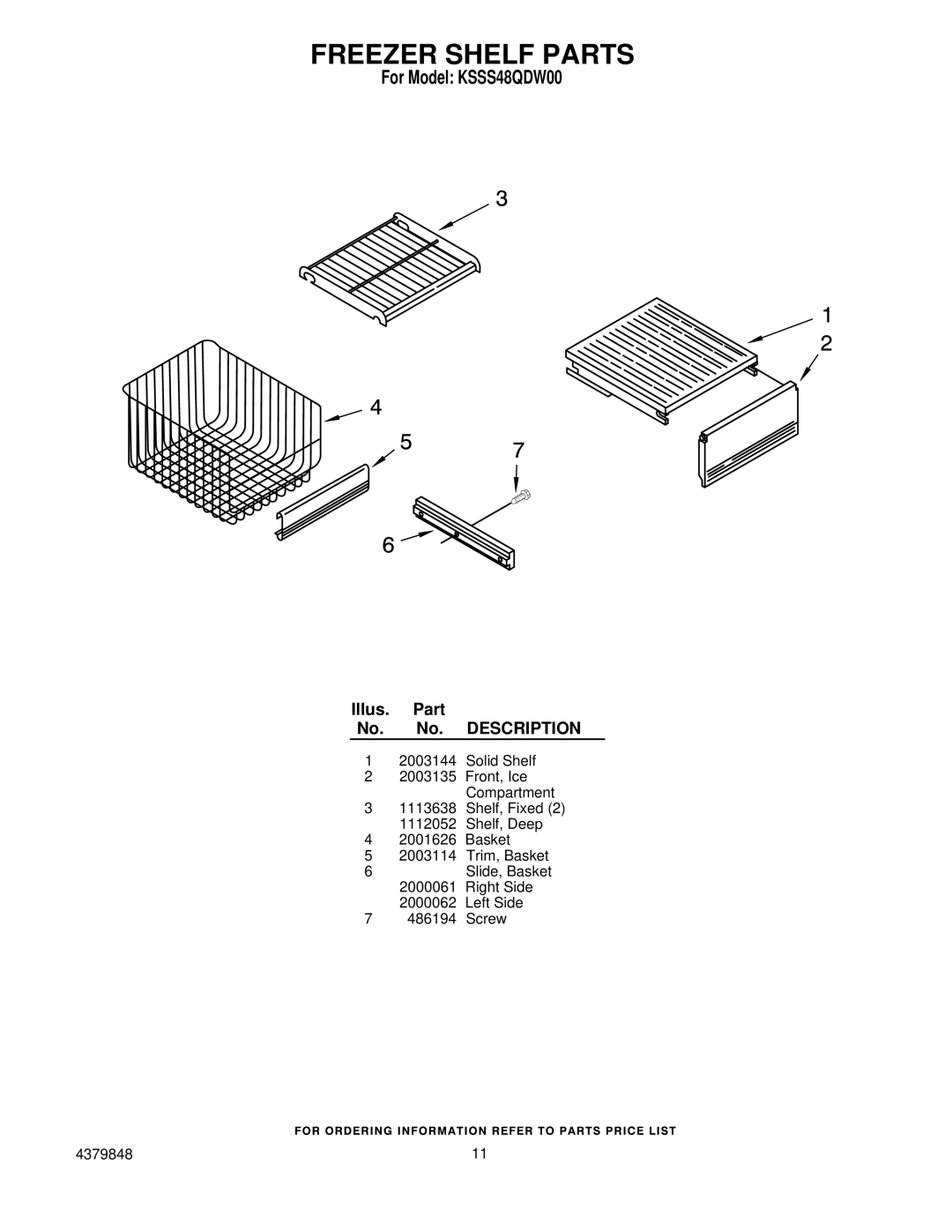 KitchenAid KSSS48QDW00 manual Freezer Shelf Parts 