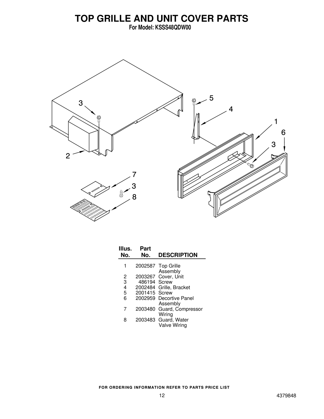 KitchenAid KSSS48QDW00 manual TOP Grille and Unit Cover Parts 