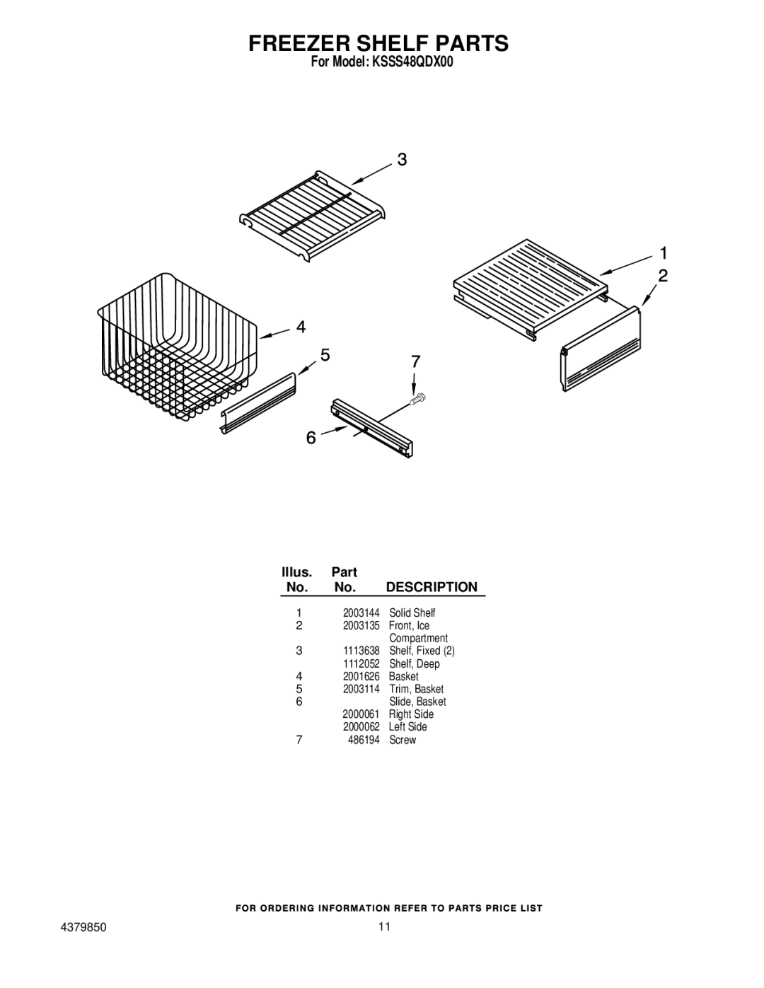 KitchenAid KSSS48QDX00 manual Freezer Shelf Parts 