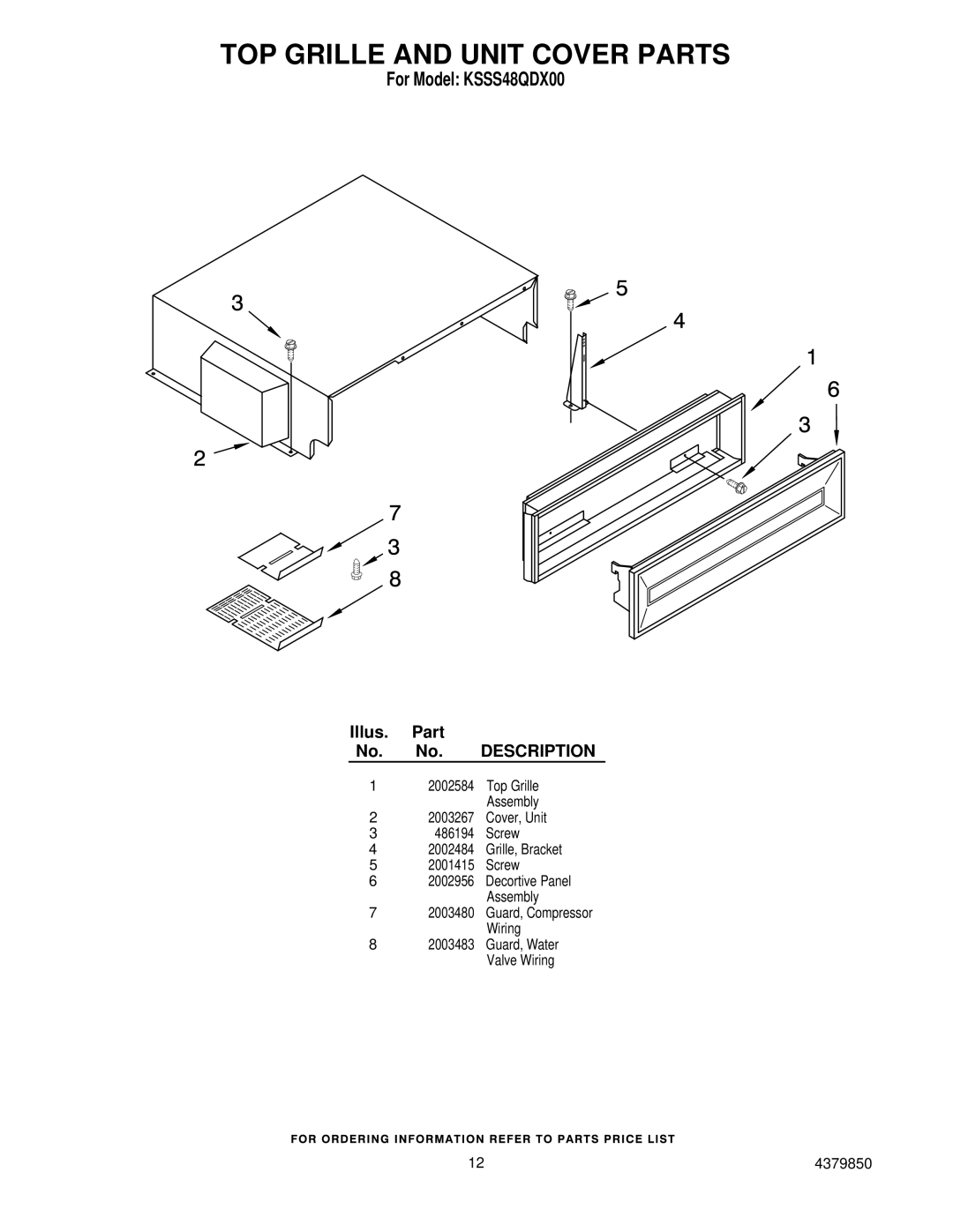 KitchenAid KSSS48QDX00 manual TOP Grille and Unit Cover Parts 