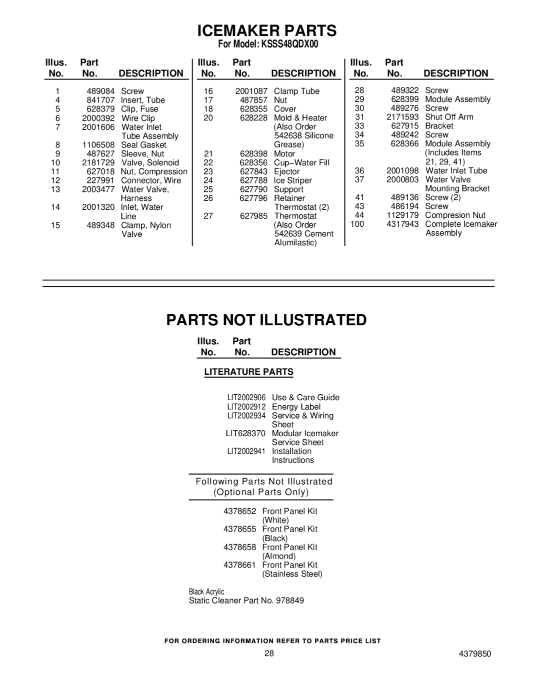 KitchenAid KSSS48QDX00 manual Parts not Illustrated, Literature Parts 