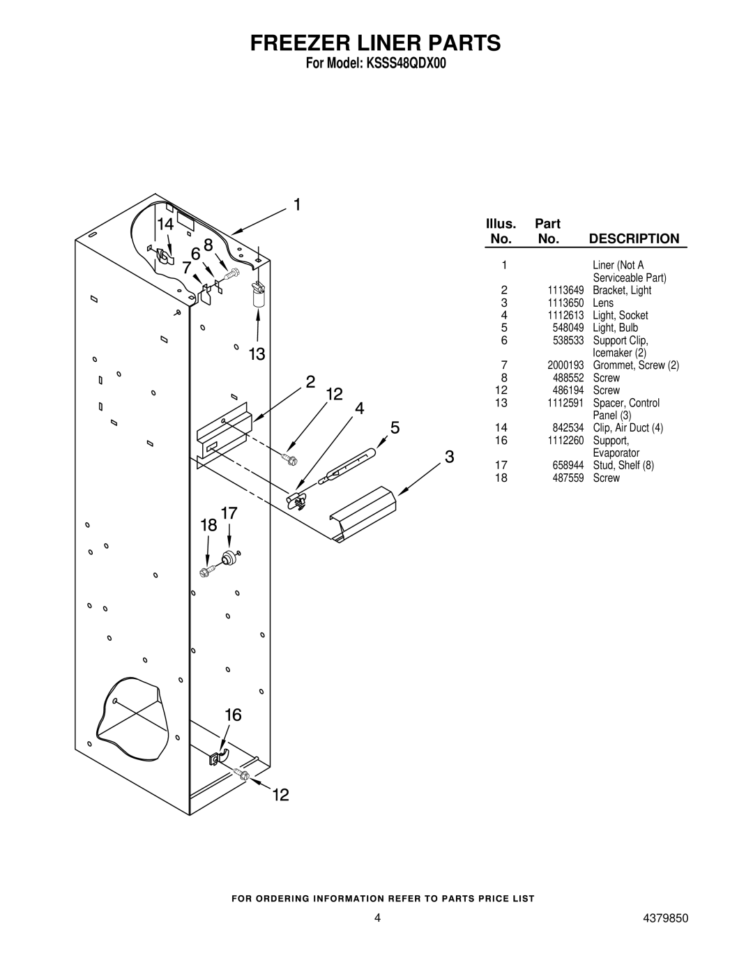 KitchenAid KSSS48QDX00 manual Freezer Liner Parts 