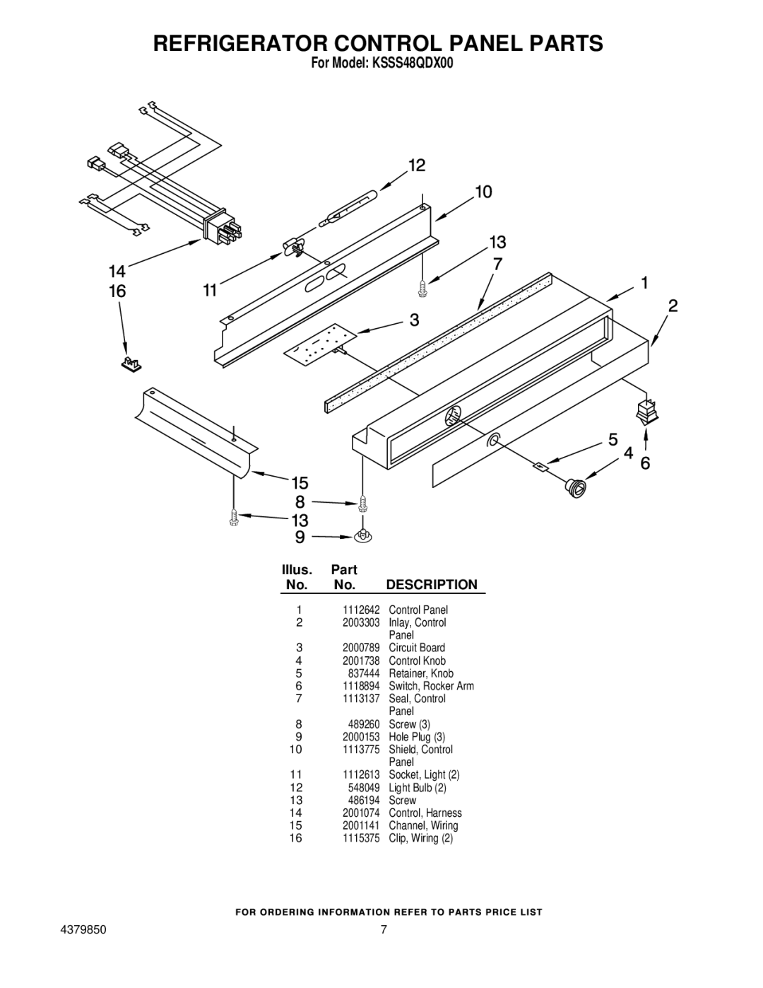 KitchenAid KSSS48QDX00 manual Refrigerator Control Panel Parts, Illus. Part No. No. Description 