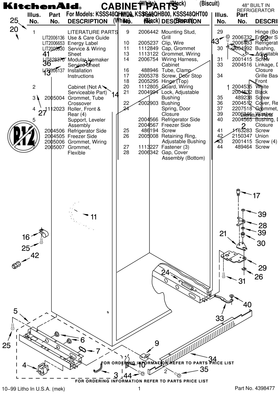 KitchenAid KSSS48QHB00, KSSS48QHT00, KSSS48QHW00 manual Illus. Part No. No. Description 