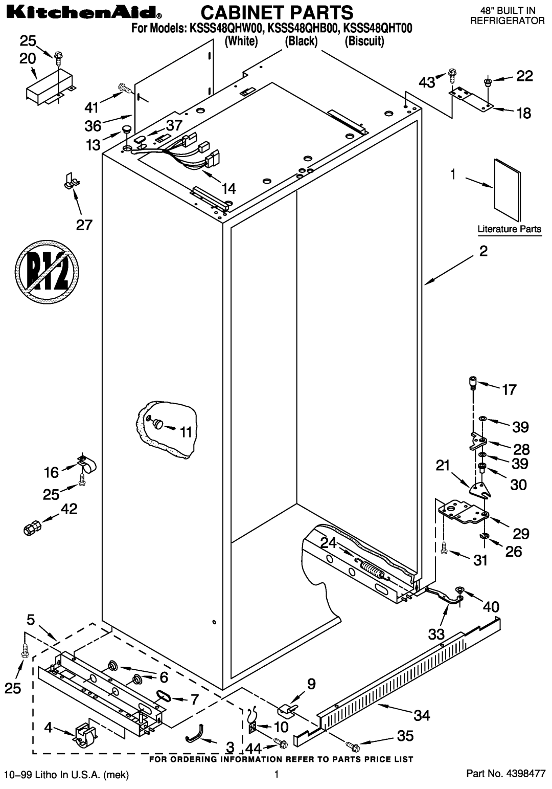 KitchenAid manual Cabinet Parts, For Models KSSS48QHW00, KSSS48QHB00, KSSS48QHT00 White Black Biscuit 