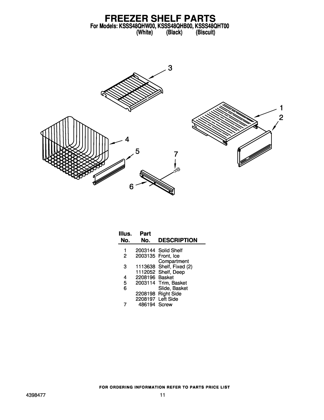 KitchenAid manual Freezer Shelf Parts, For Models KSSS48QHW00, KSSS48QHB00, KSSS48QHT00 White Black Biscuit 