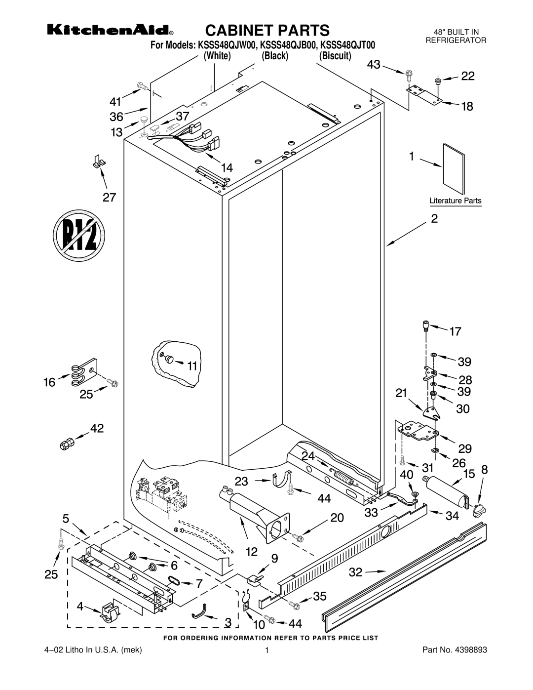 KitchenAid KSSS48QJW00, KSSS48QJT00, KSSS48QJB00 manual Cabinet Parts 