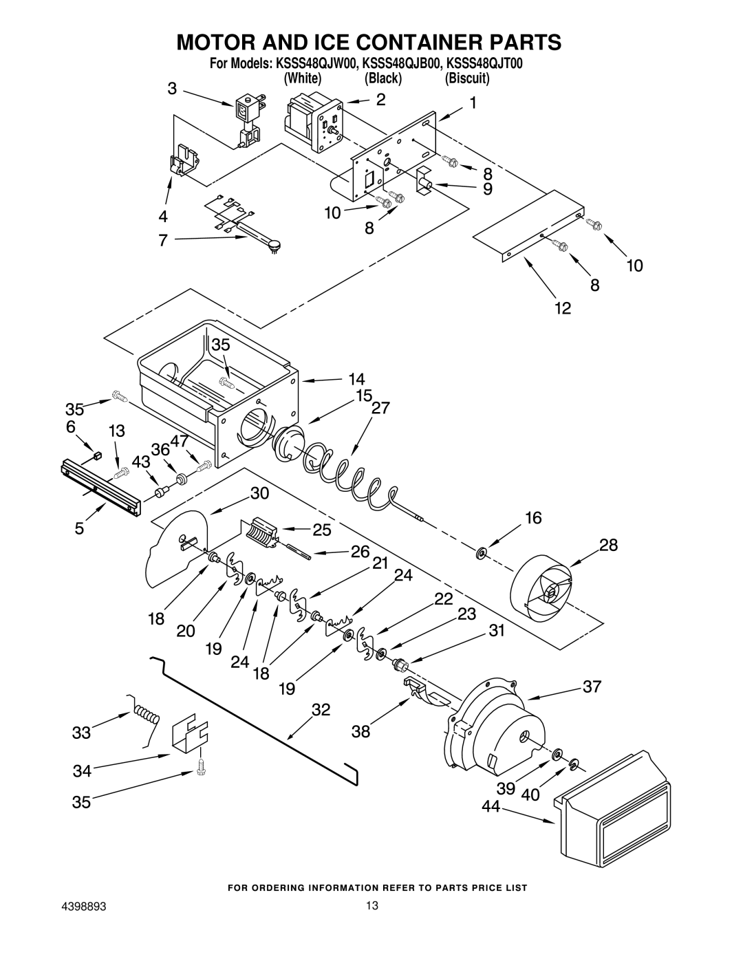 KitchenAid KSSS48QJW00, KSSS48QJT00, KSSS48QJB00 manual Motor and ICE Container Parts 