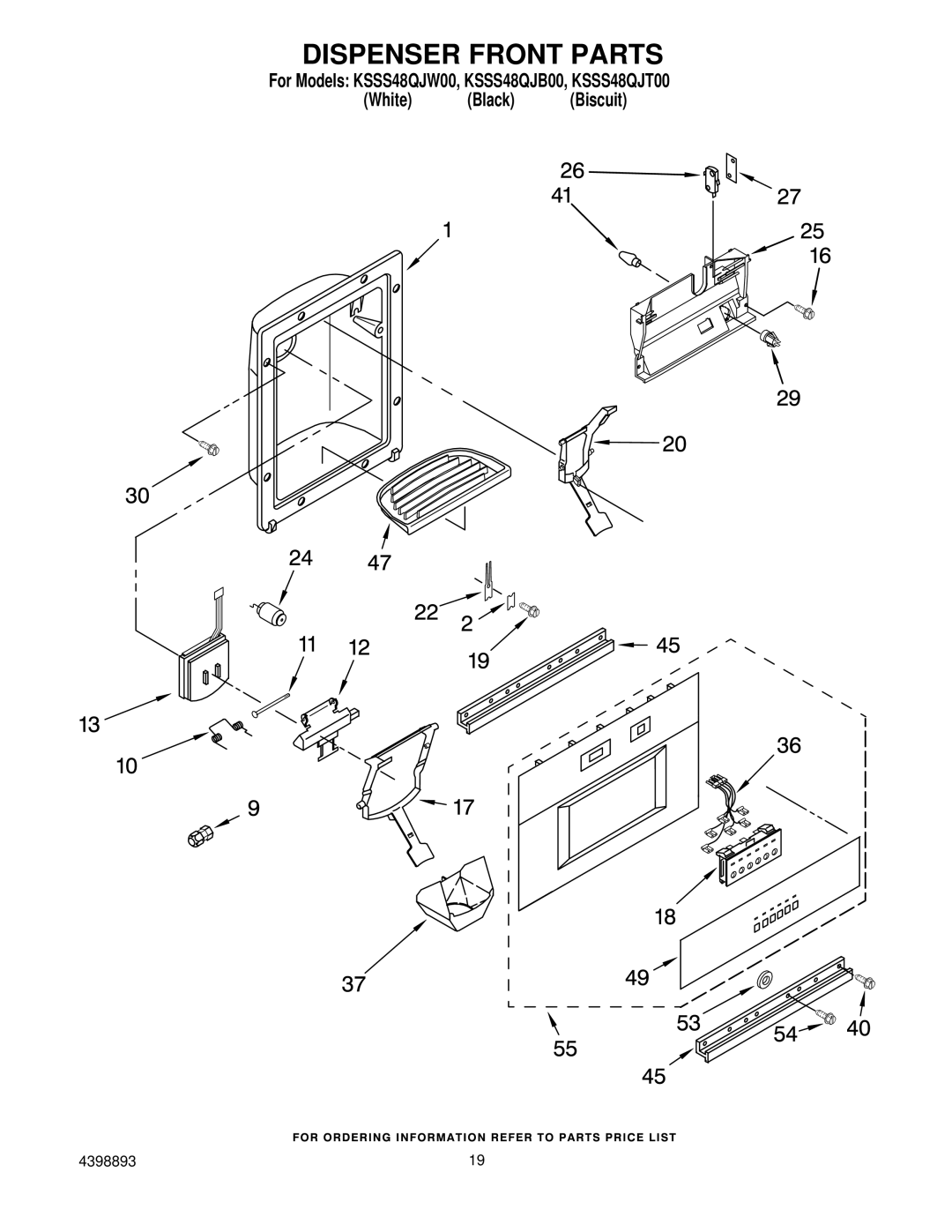 KitchenAid KSSS48QJW00, KSSS48QJT00, KSSS48QJB00 manual Dispenser Front Parts 