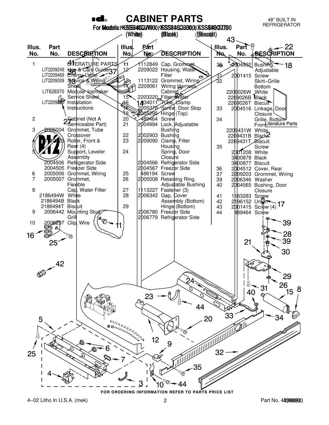 KitchenAid KSSS48QJB00, KSSS48QJT00, KSSS48QJW00 manual Illus. Part No. No. Description 