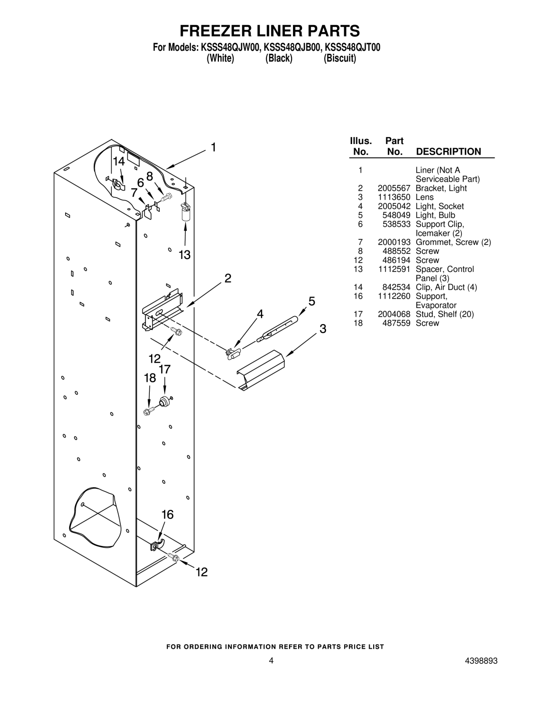 KitchenAid KSSS48QJW00, KSSS48QJT00, KSSS48QJB00 manual Freezer Liner Parts 