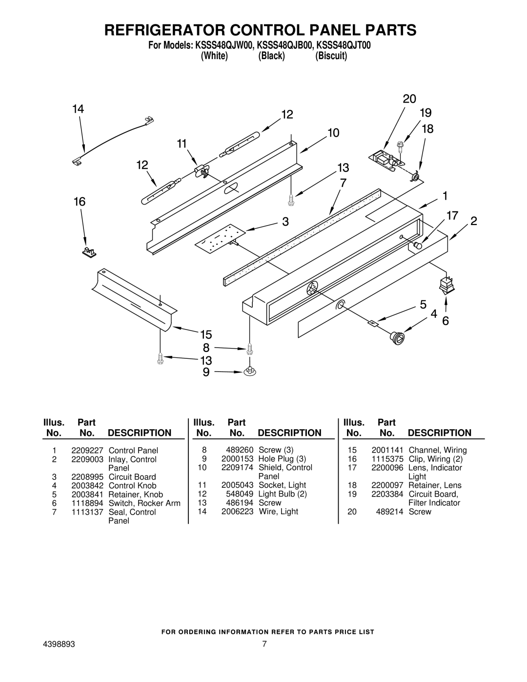 KitchenAid KSSS48QJW00, KSSS48QJT00, KSSS48QJB00 manual Refrigerator Control Panel Parts 