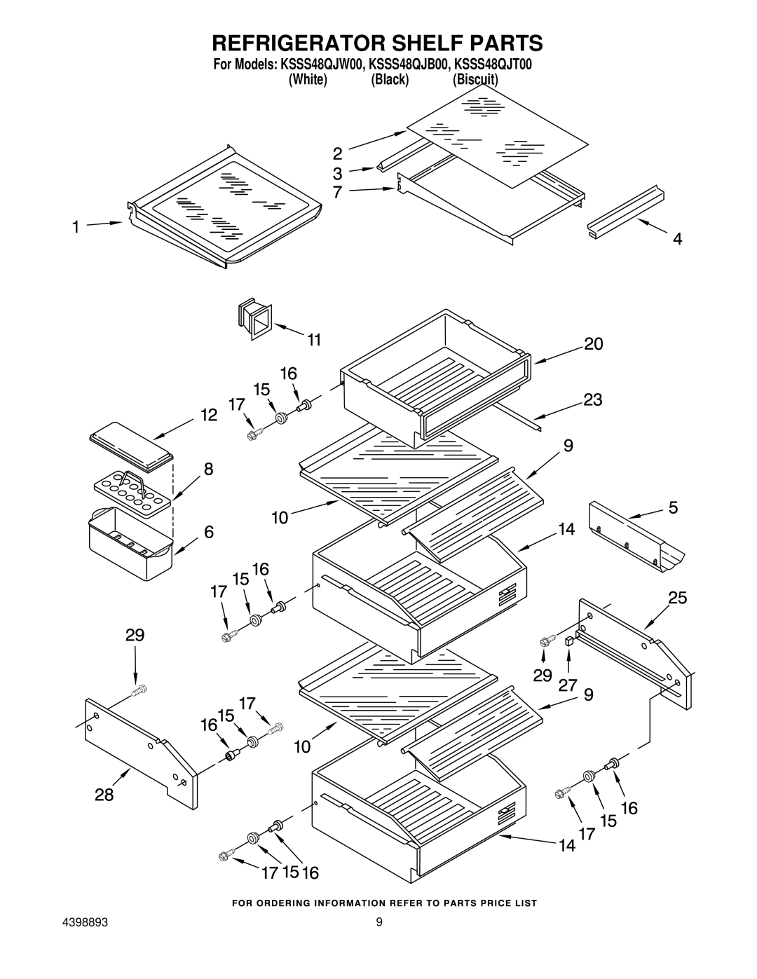 KitchenAid KSSS48QJT00, KSSS48QJW00, KSSS48QJB00 manual Refrigerator Shelf Parts 