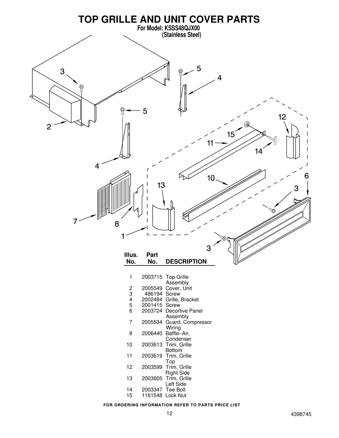 KitchenAid KSSS48QJX00 manual TOP Grille and Unit Cover Parts 