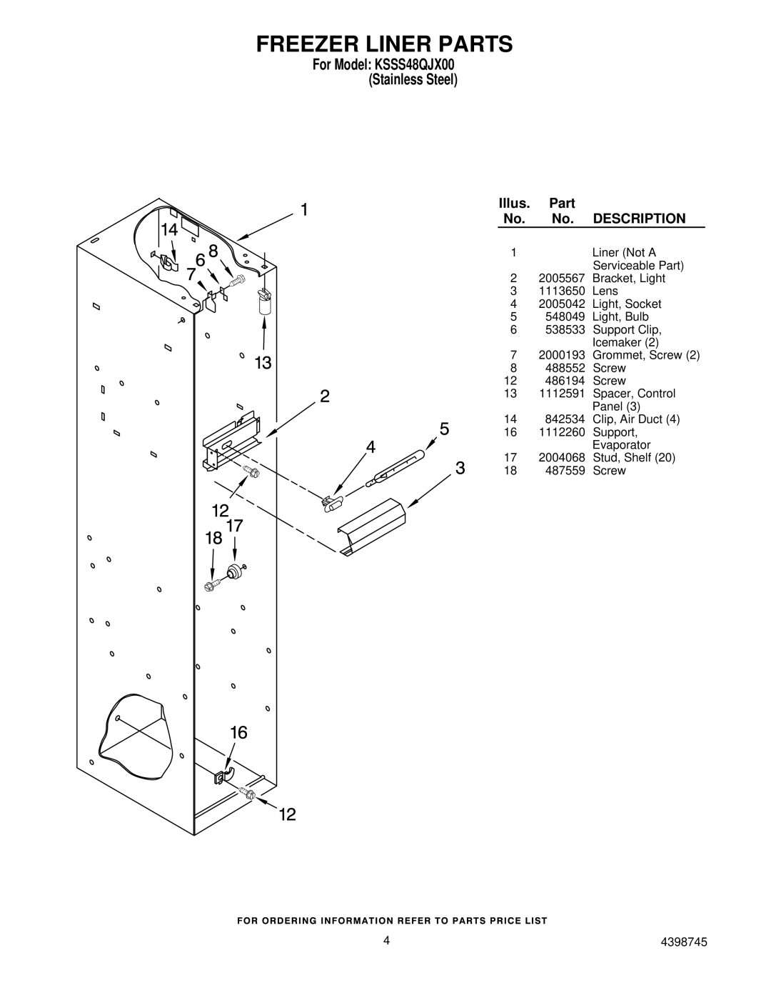 KitchenAid KSSS48QJX00 manual Freezer Liner Parts 