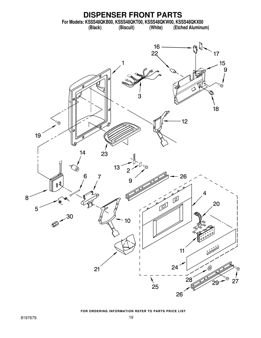 KitchenAid KSSS48QKB00, KSSS48QKW00, KSSS48QKT00, KSSS48QKX00 manual Dispenser Front Parts 