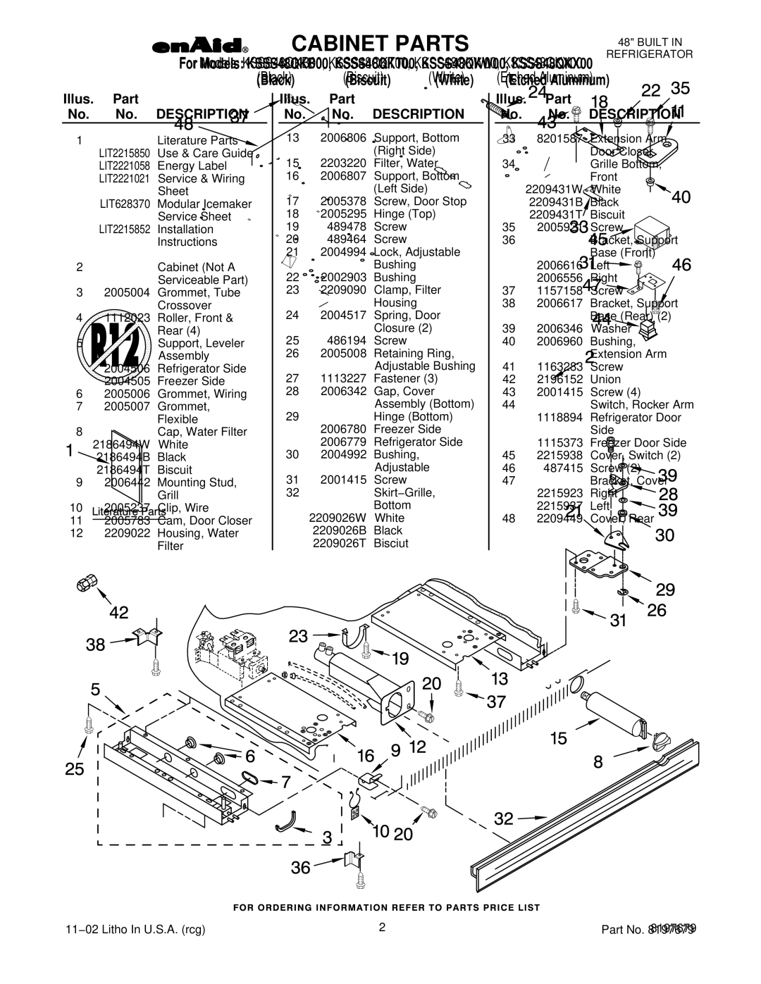 KitchenAid KSSS48QKX00, KSSS48QKW00, KSSS48QKT00, KSSS48QKB00 manual Illus. Part No. No. Description 