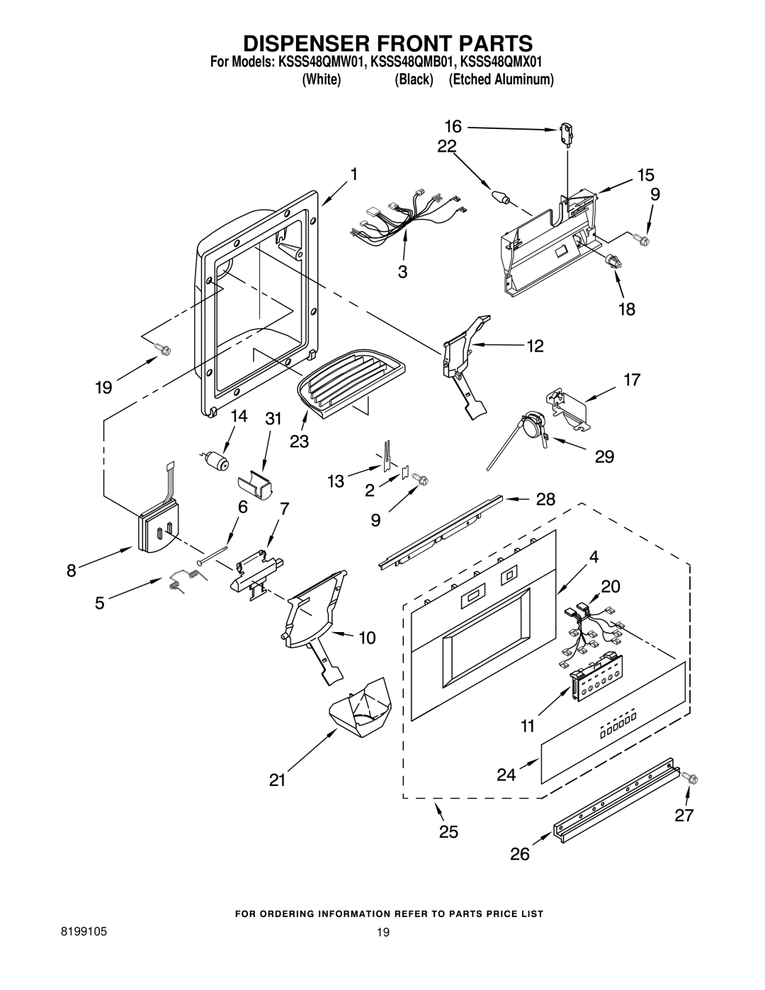 KitchenAid KSSS48QMB01, KSSS48QMX01, KSSS48QMW01 manual Dispenser Front Parts 