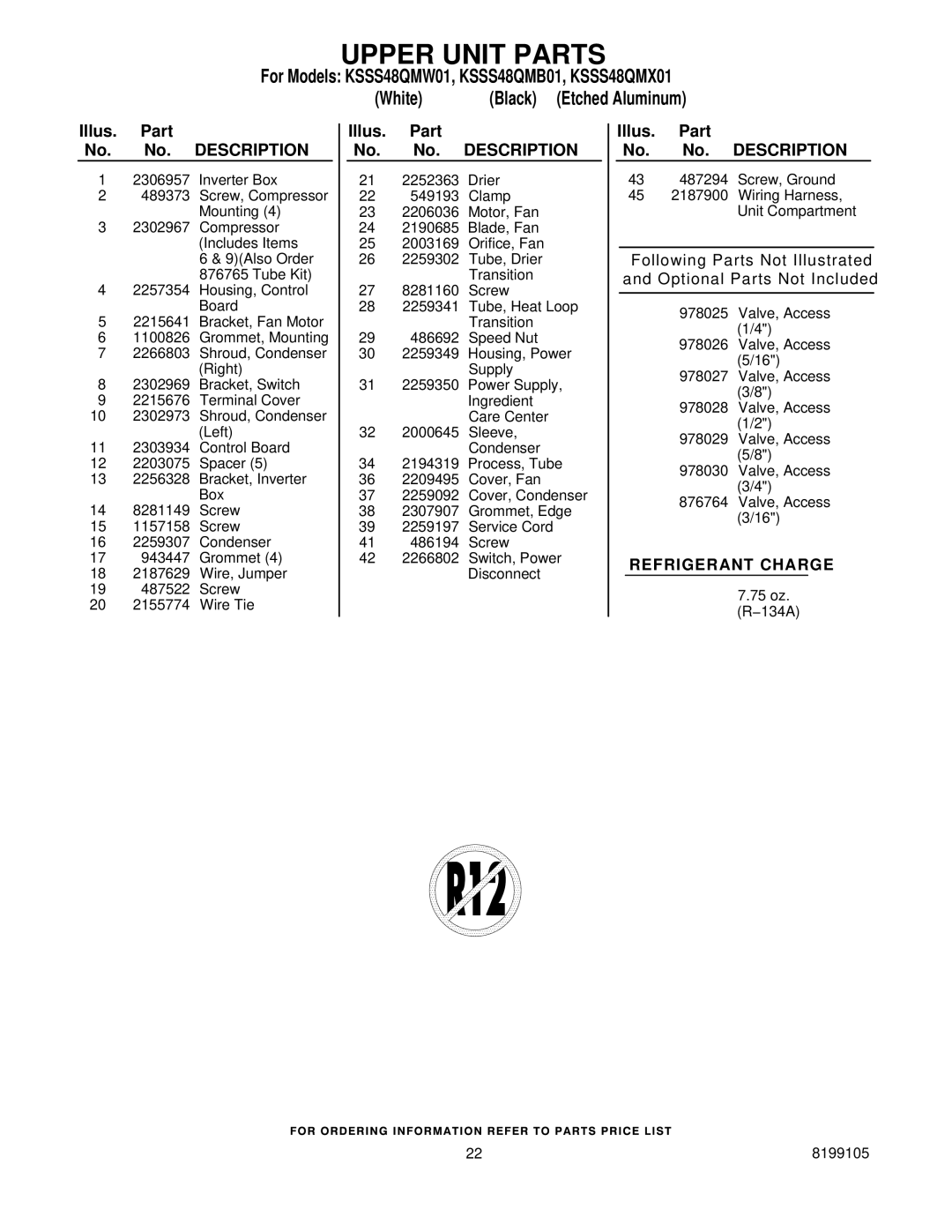 KitchenAid KSSS48QMB01, KSSS48QMX01, KSSS48QMW01 manual Upper Unit Parts 