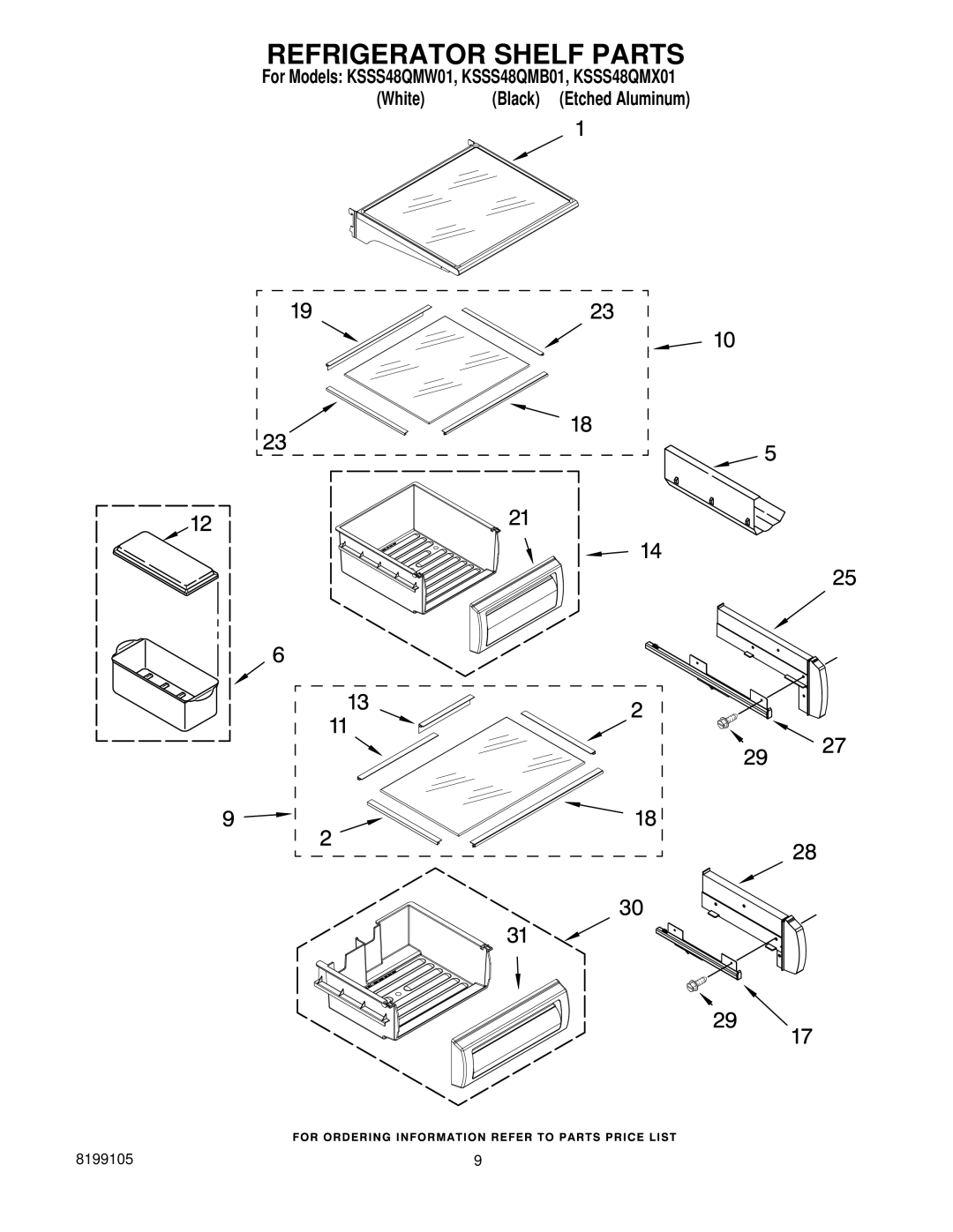 KitchenAid KSSS48QMX01, KSSS48QMB01, KSSS48QMW01 manual Refrigerator Shelf Parts 