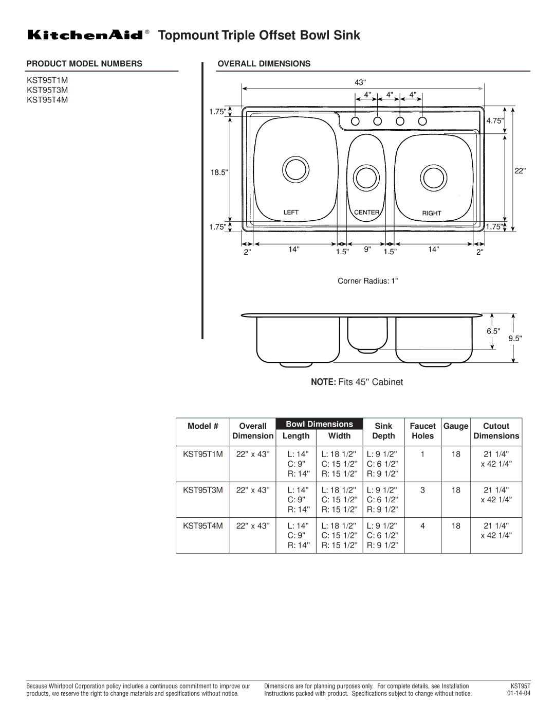 KitchenAid KST95T1M dimensions Topmount Triple Offset Bowl Sink, Product Model Numbers Overall Dimensions, Bowl Dimensions 