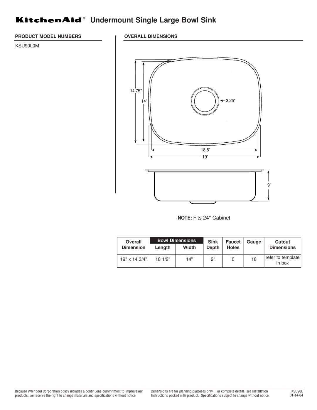 KitchenAid KSU90L dimensions Undermount Single Large Bowl Sink, Product Model Numbers, Overall Dimensions, Bowl Dimensions 