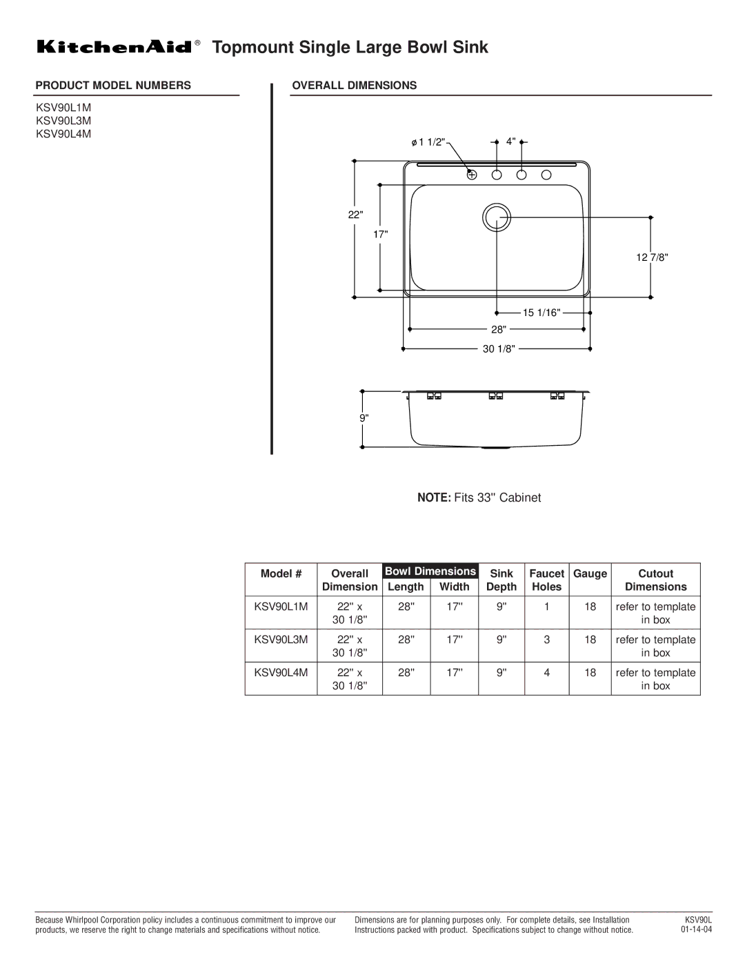 KitchenAid KSV90L3M dimensions Topmount Single Large Bowl Sink, Product Model Numbers, Overall Dimensions, Bowl Dimensions 