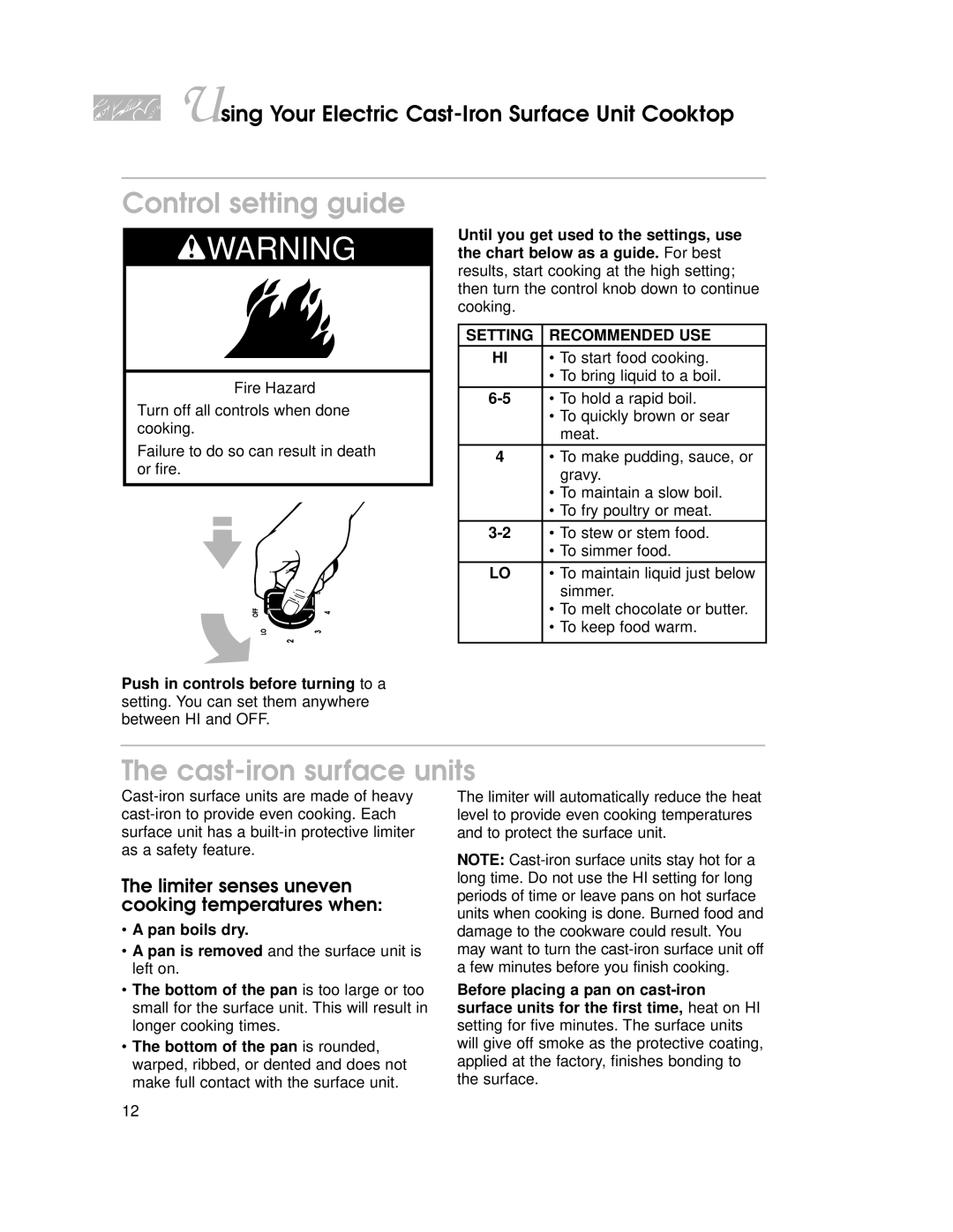 KitchenAid KECG020 Control setting guide, Cast-iron surface units, Limiter senses uneven cooking temperatures when 